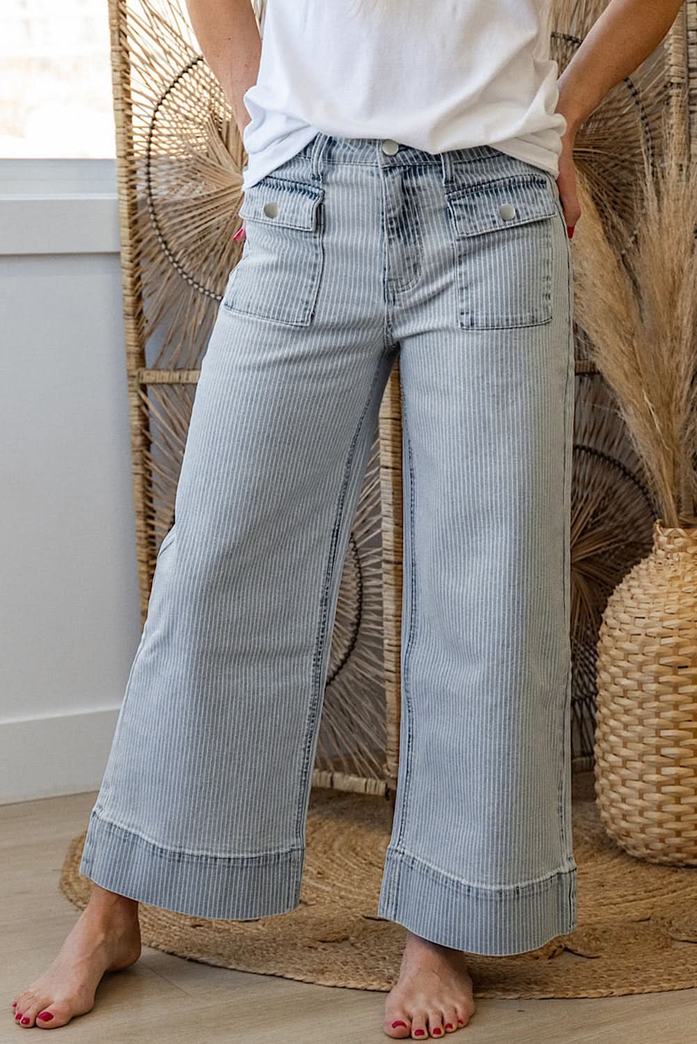 Sky Blue Striped Button Flap Pocket Wide Leg Denim Jeans Boutique