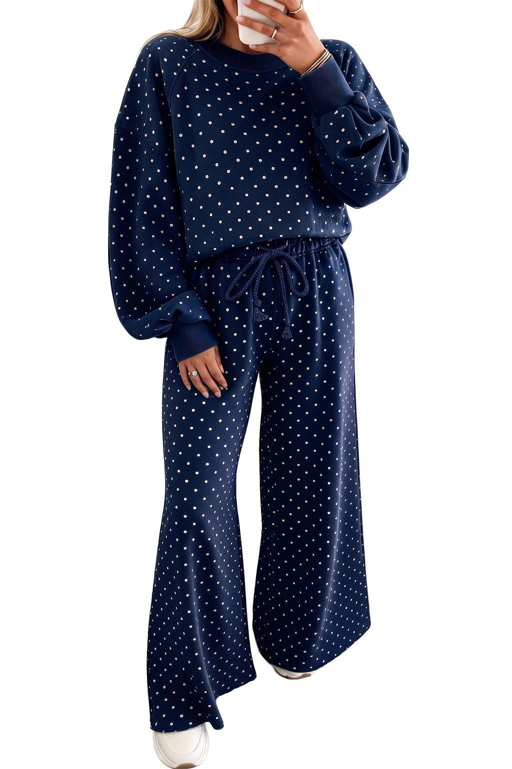 Jane Polka Dot Drawstring Wide Leg Long Sleeve Top Pant Set Outfit