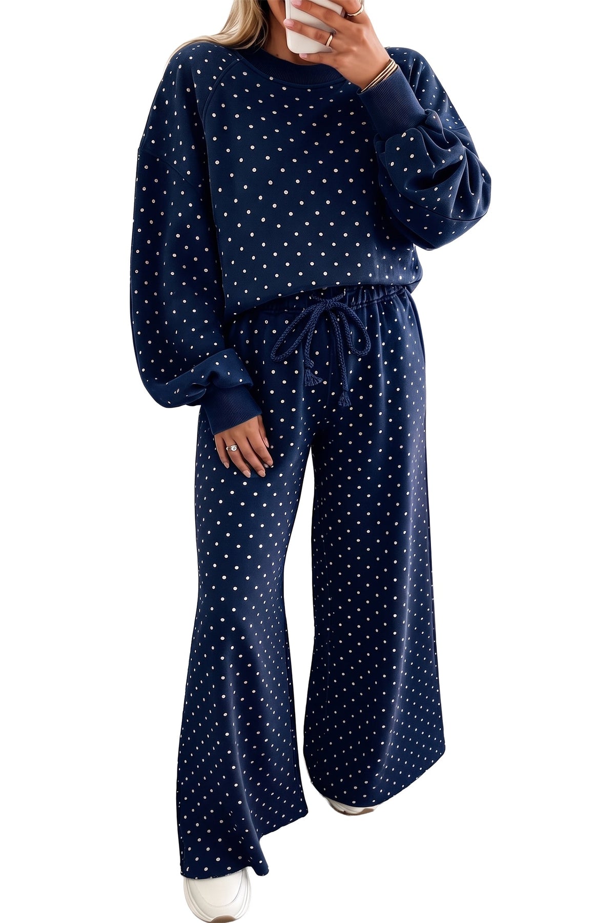 Jane Polka Dot Drawstring Wide Leg Long Sleeve Top Pant Set Outfit
