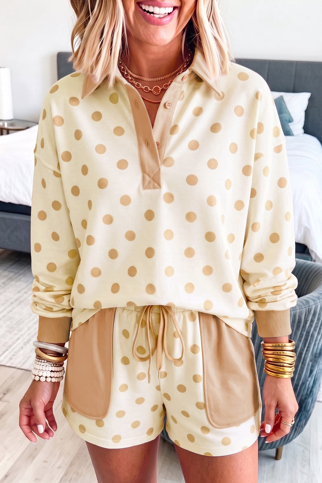 Zoey Pullover Patch Pocket Casual Shorts Set Pink or Khaki Outfit  Indie & Co. Ladies polka dot