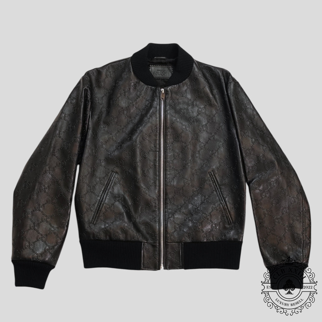 Gucci GG logo Leather Bomber Jacket in Black men's coat 52