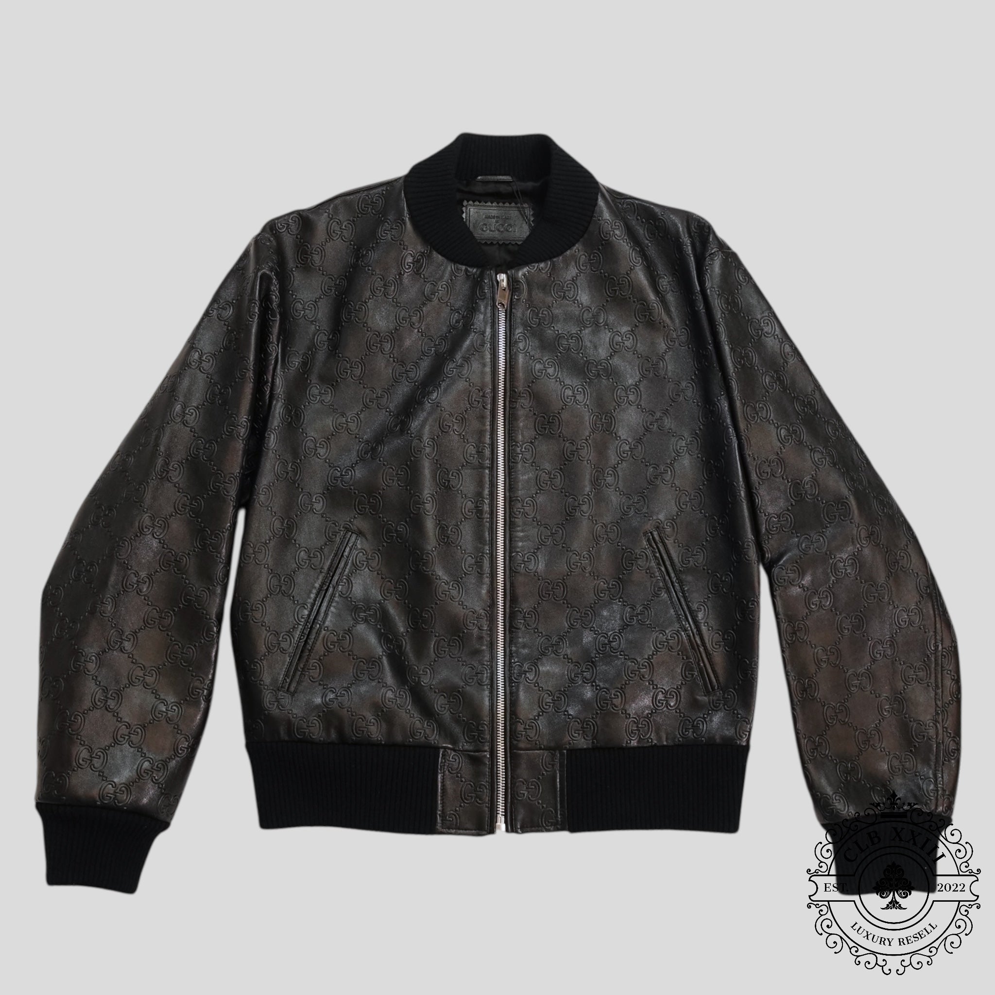 Gucci GG logo Leather Bomber Jacket in Black men's coat 52