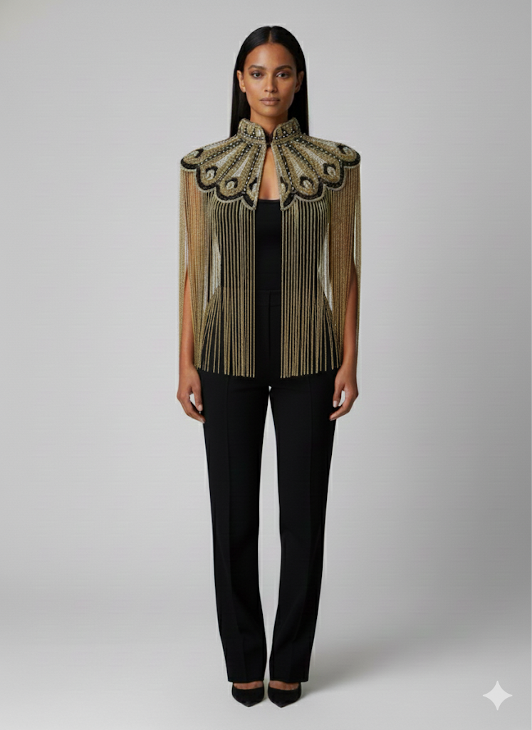 Gilded Fleur Cape Gold Black Silver Beaded fringe Wrap Dressy Formal