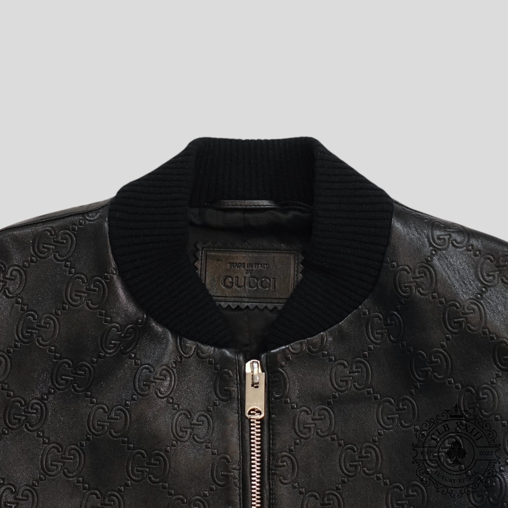 Gucci GG logo Leather Bomber Jacket in Black men's coat 52