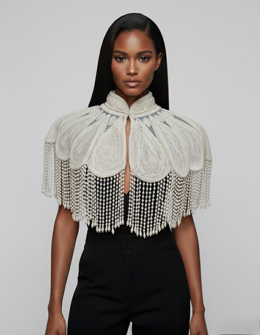 Pearl Halo Cape Ivory Hand-Beaded Fringed