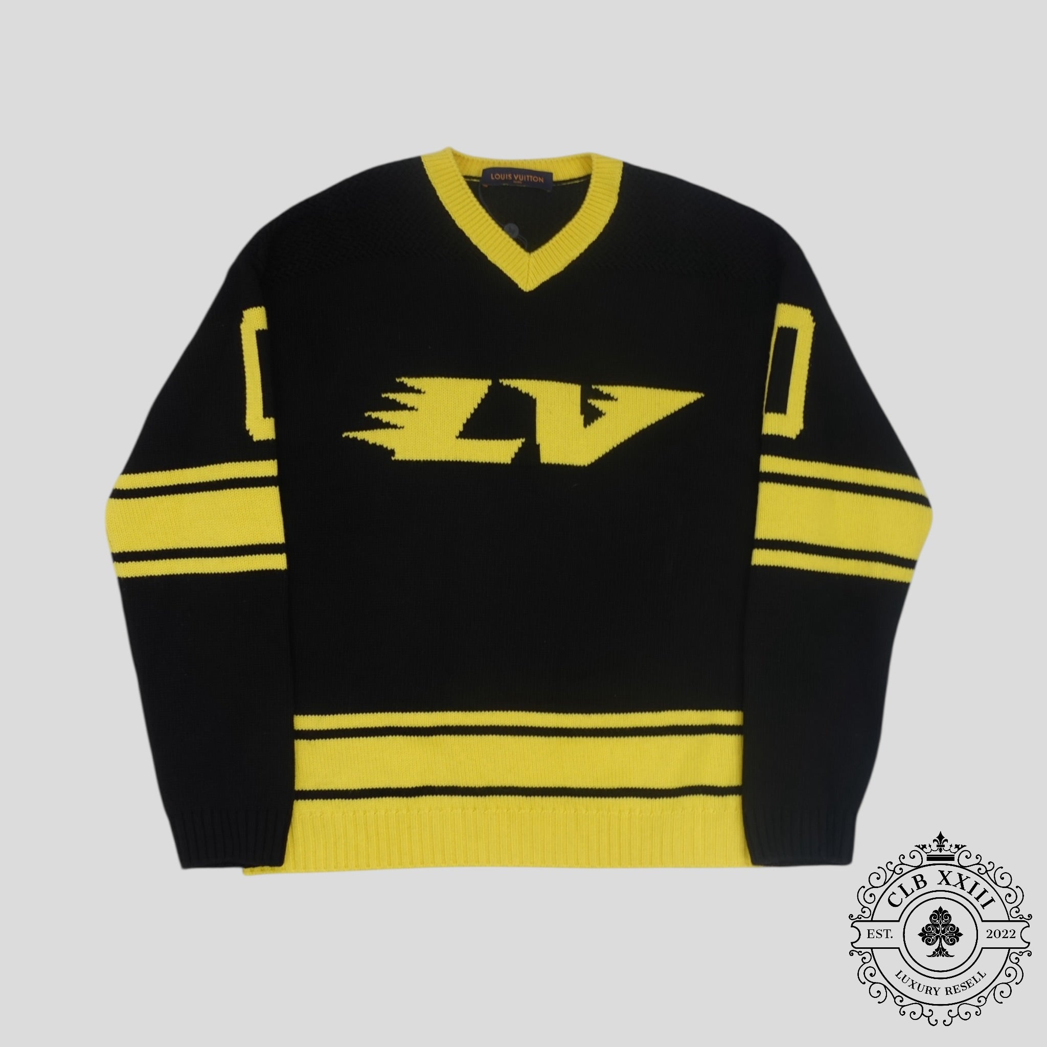Louis Vuitton Intarsia Football Sweater in Black/Yellow men's wool cashmere XL
