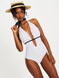 Olive Polka Dot Ruched Halter Backless Swimsuit Black White beach cruise