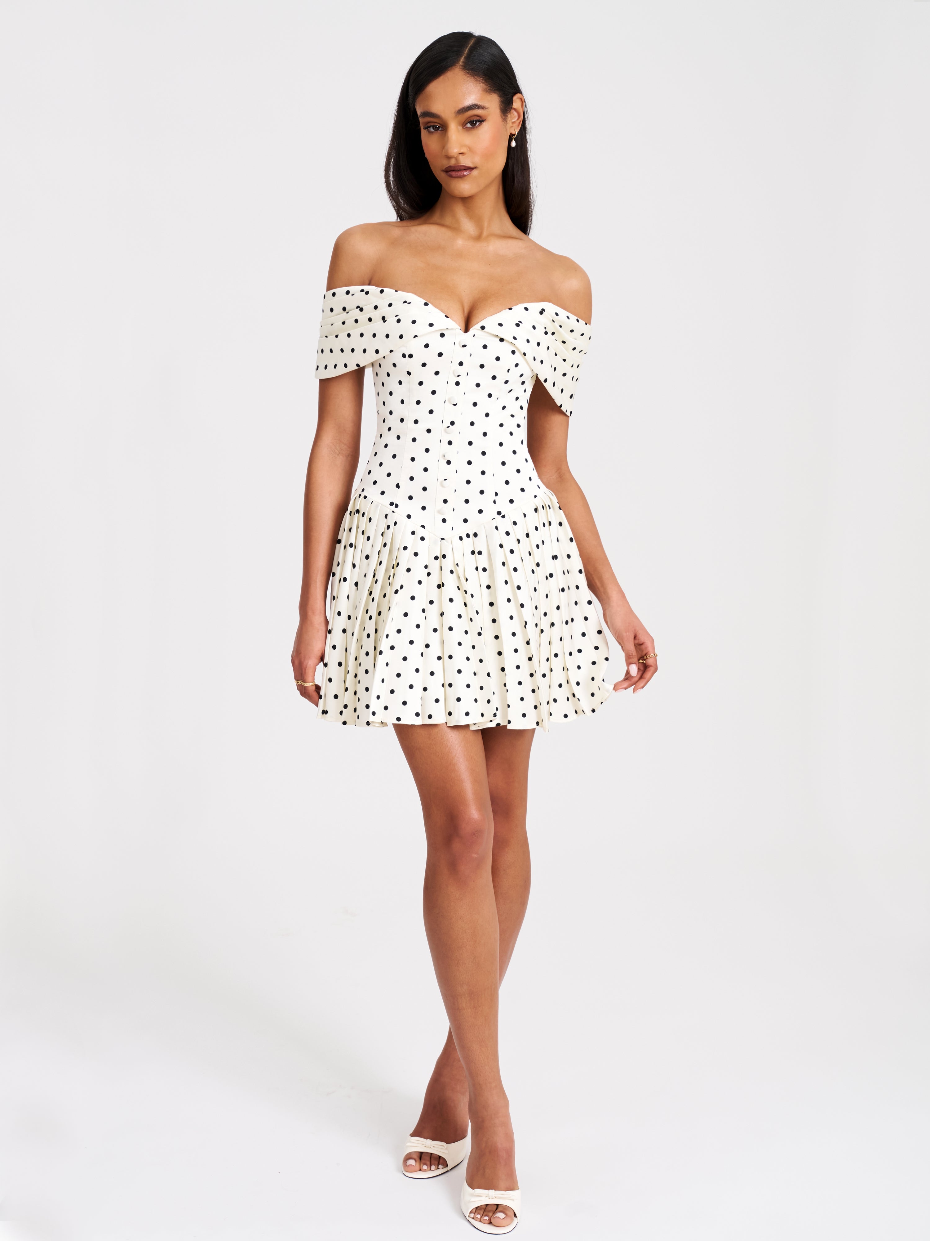Edeline Polka Dot Off-shoulder Pleated Mini Dress black white