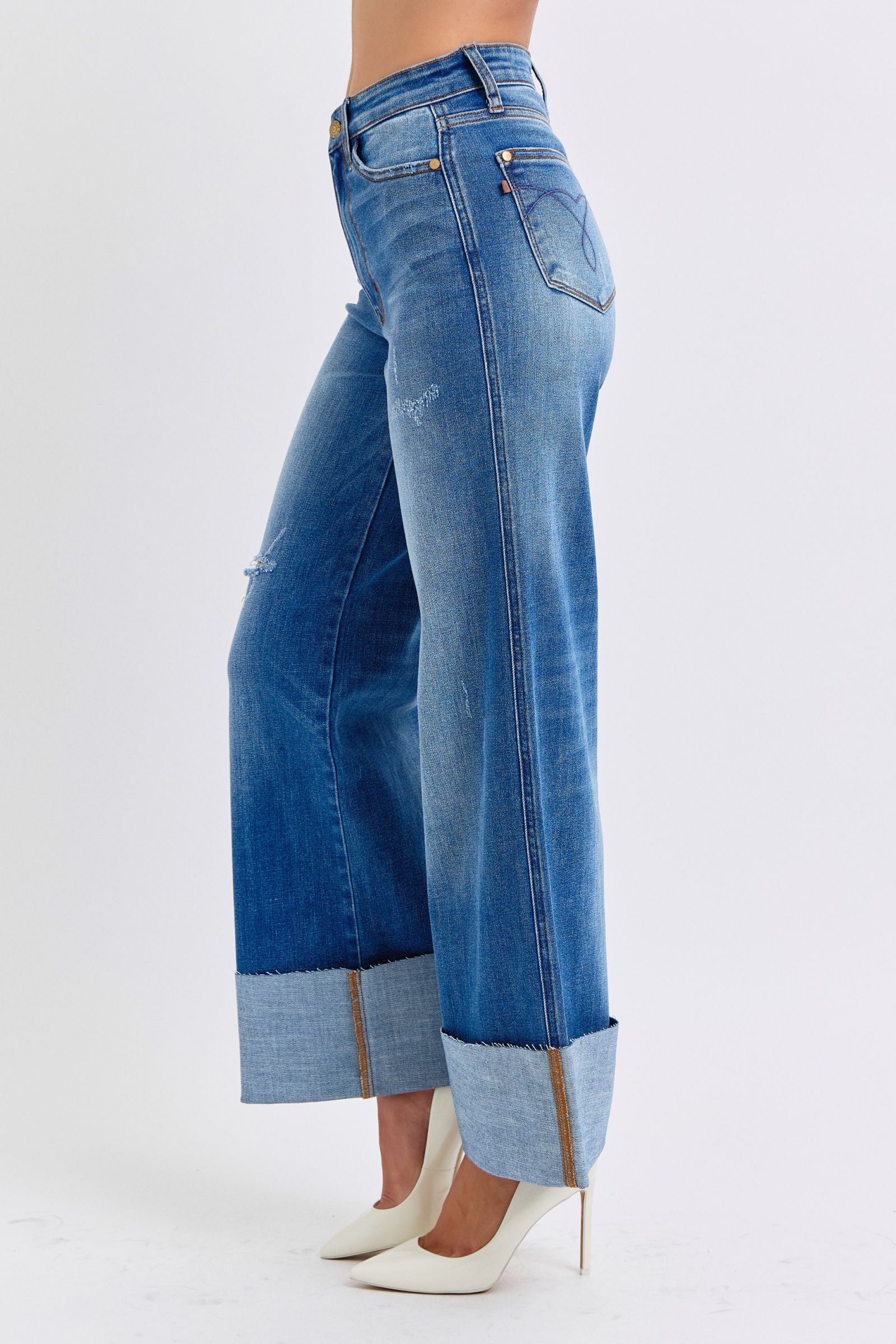 Judy Blue Full Size Distressed High Waist Wide Leg Blue Jeans