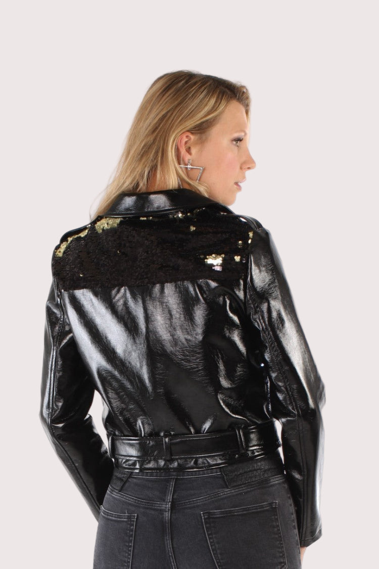 Sequin Embellished Moto Jacket -81692 black/blue ladies boutique cropped