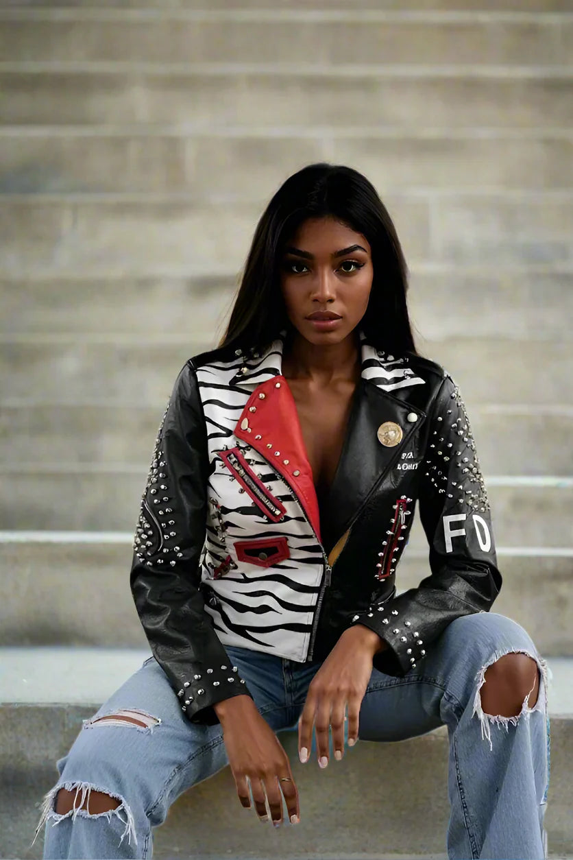 Moto Leather Zebra Printed Jacket | 81769 black red trendy ladies boutigue