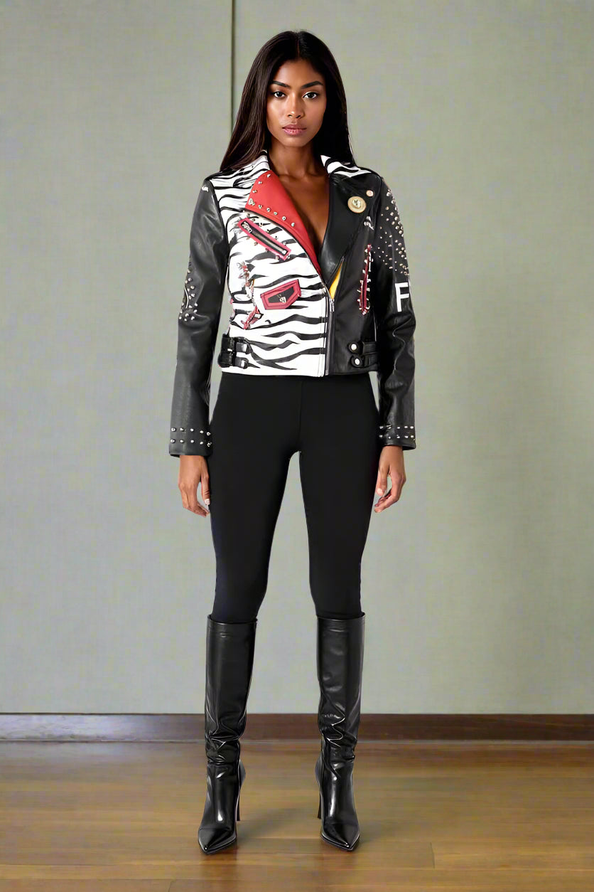 Moto Leather Zebra Printed Jacket | 81769 black red trendy ladies boutigue