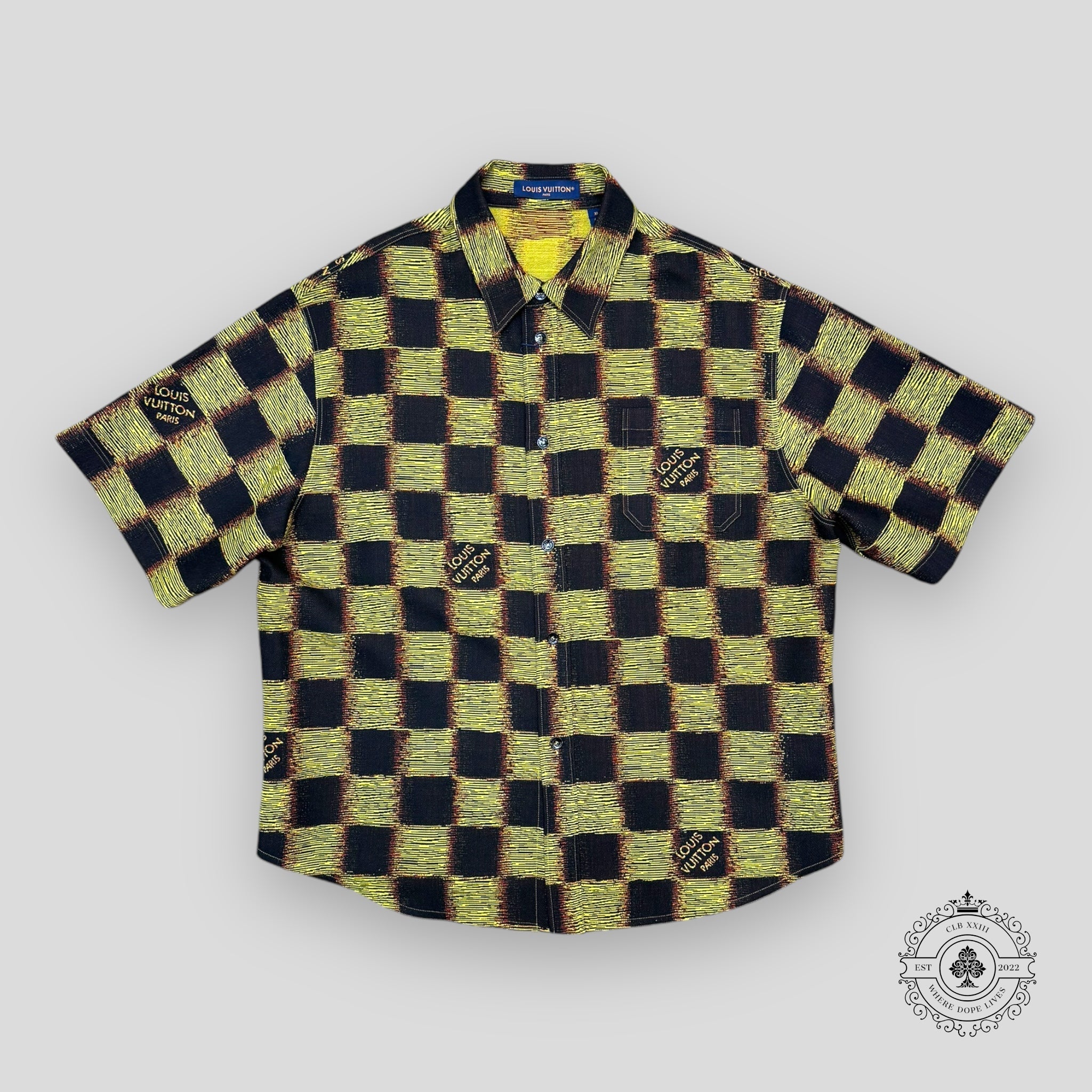 Louis Vuitton Short-Sleeved Damier Wool Shirt in Black/Yellow men's XL