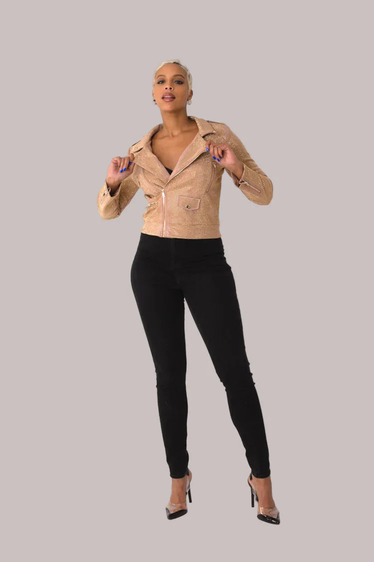 Suede Moto Jacket with Allover Diamonds - 82022 cropped coat