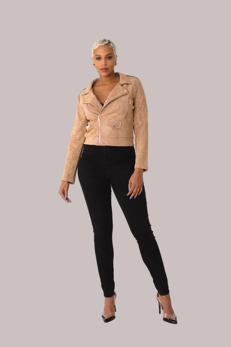 Suede Moto Jacket with Allover Diamonds - 82022 cropped coat