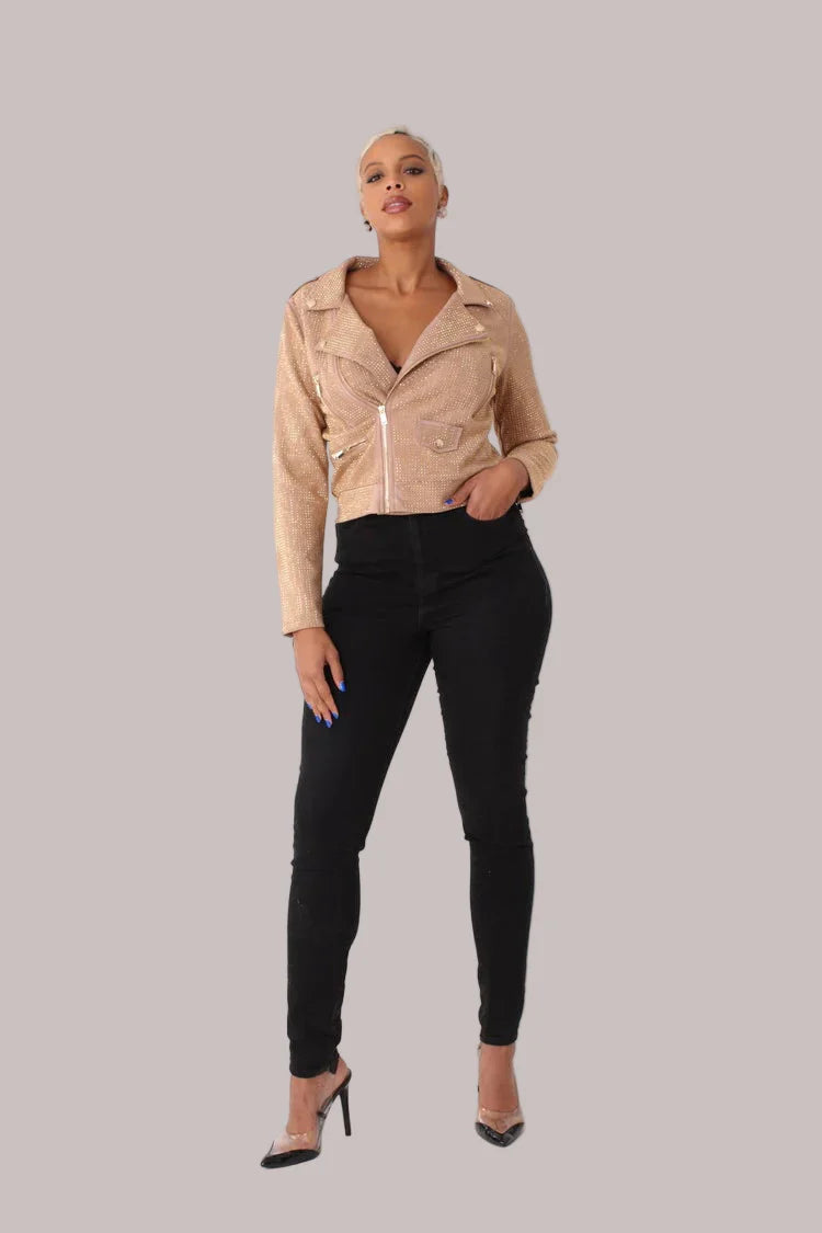Suede Moto Jacket with Allover Diamonds - 82022 cropped coat