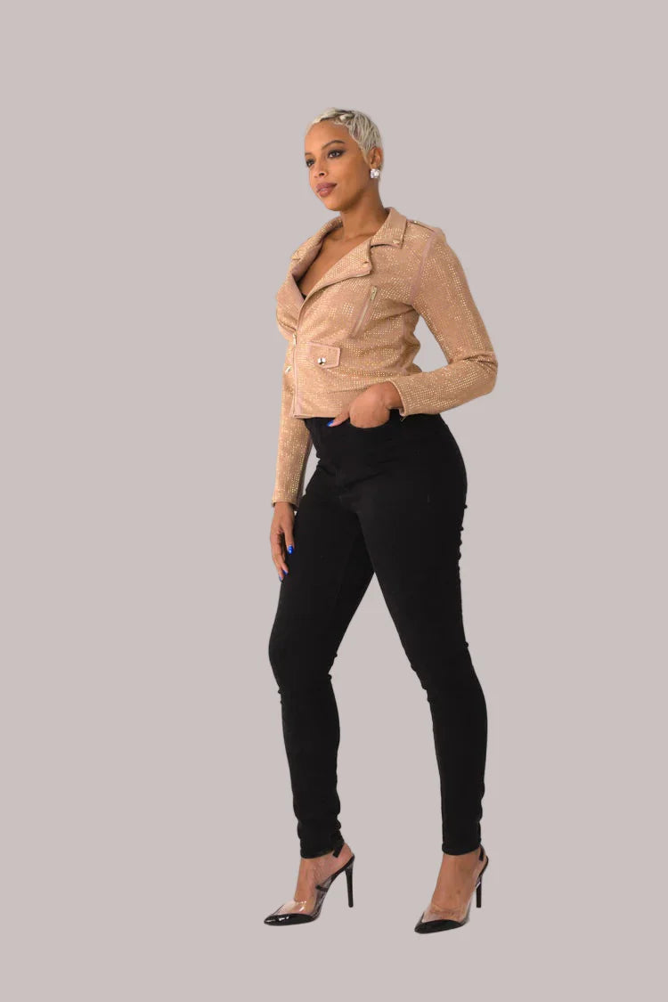 Suede Moto Jacket with Allover Diamonds - 82022 cropped coat