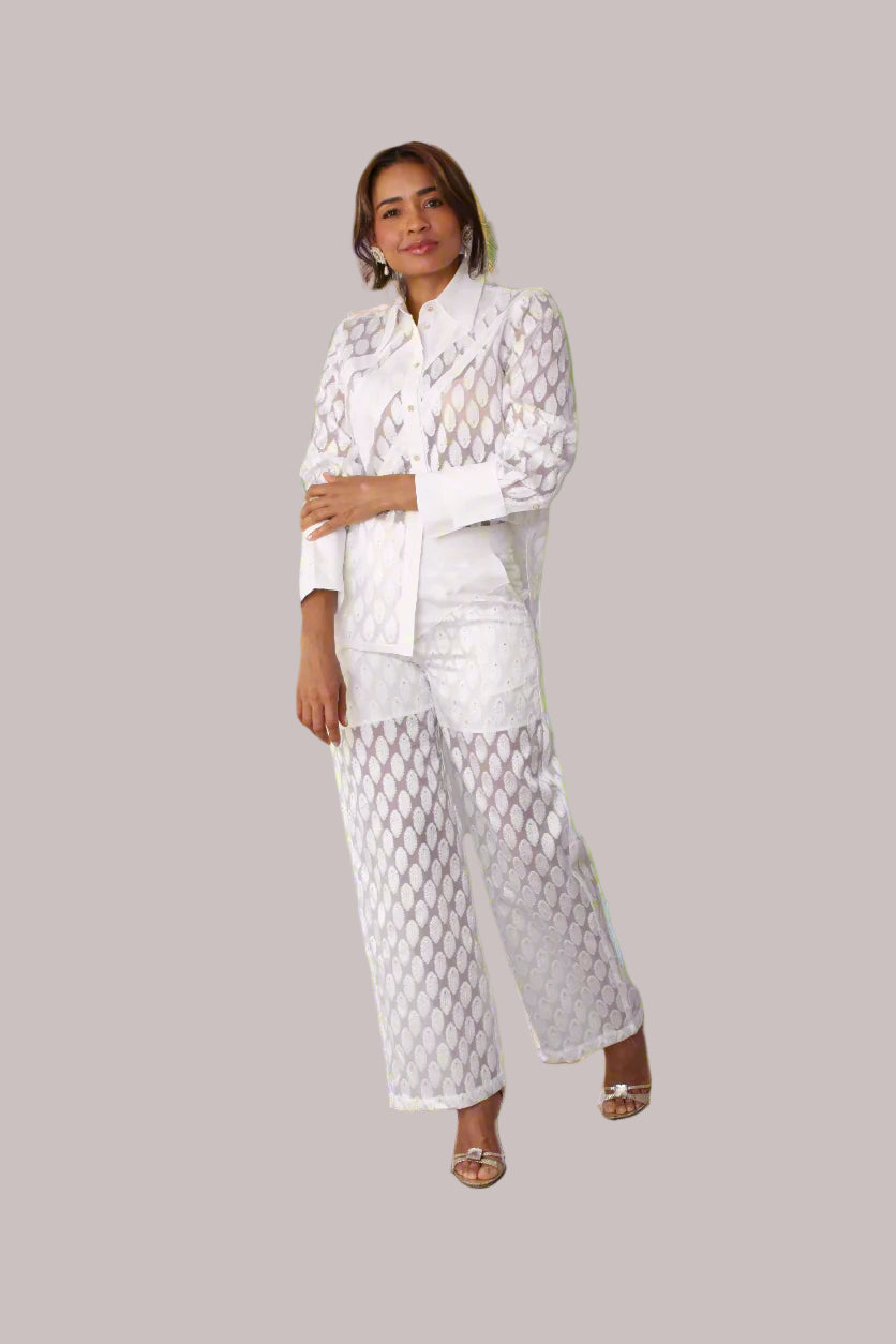 Eyelet Wide-Leg Pants - 82339 semi sheer white