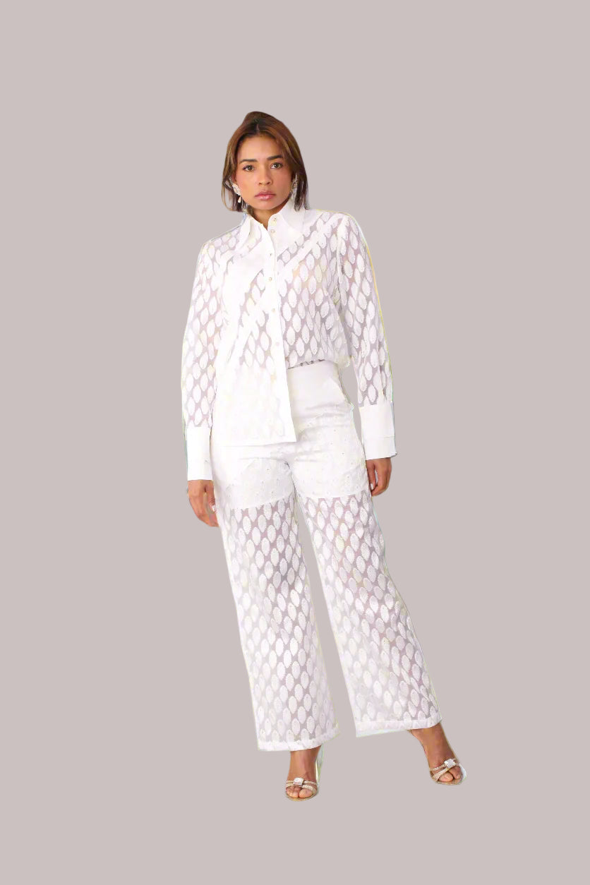 Eyelet Wide-Leg Pants - 82339 semi sheer white