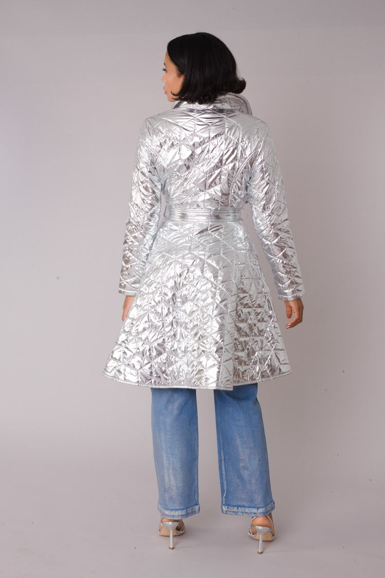 Silver Metallic Quilted Knee-Length Wrap Coat - 82653 Boutique jacket