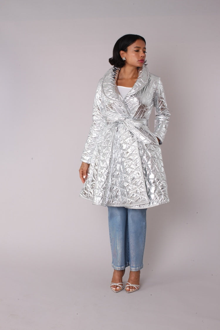 Silver Metallic Quilted Knee-Length Wrap Coat - 82653 Boutique jacket