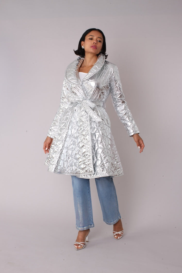 Silver Metallic Quilted Knee-Length Wrap Coat - 82653 Boutique jacket