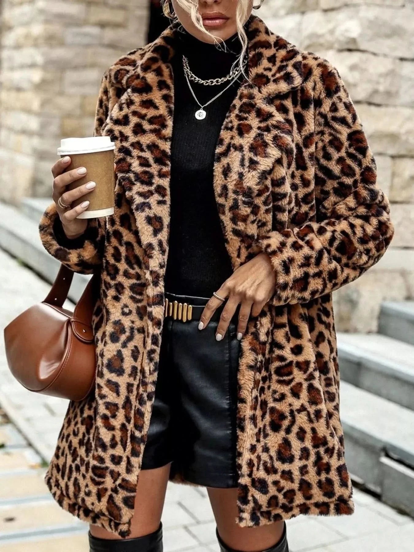 Leopard Print Faux Fur Longline Coat With Pockets Polyester Boutique