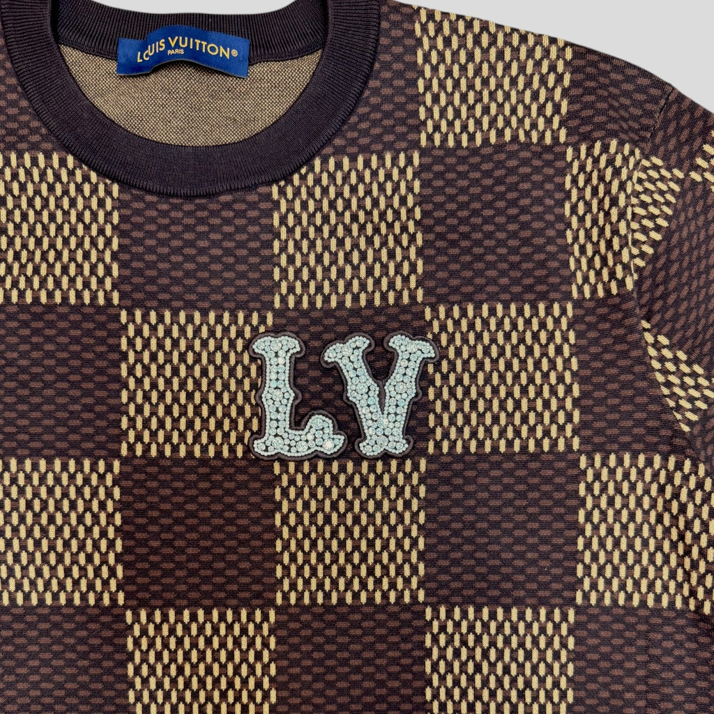 Louis Vuitton Damier Short-Sleeved Crewneck with LV Crystal Patch men's unisex XL