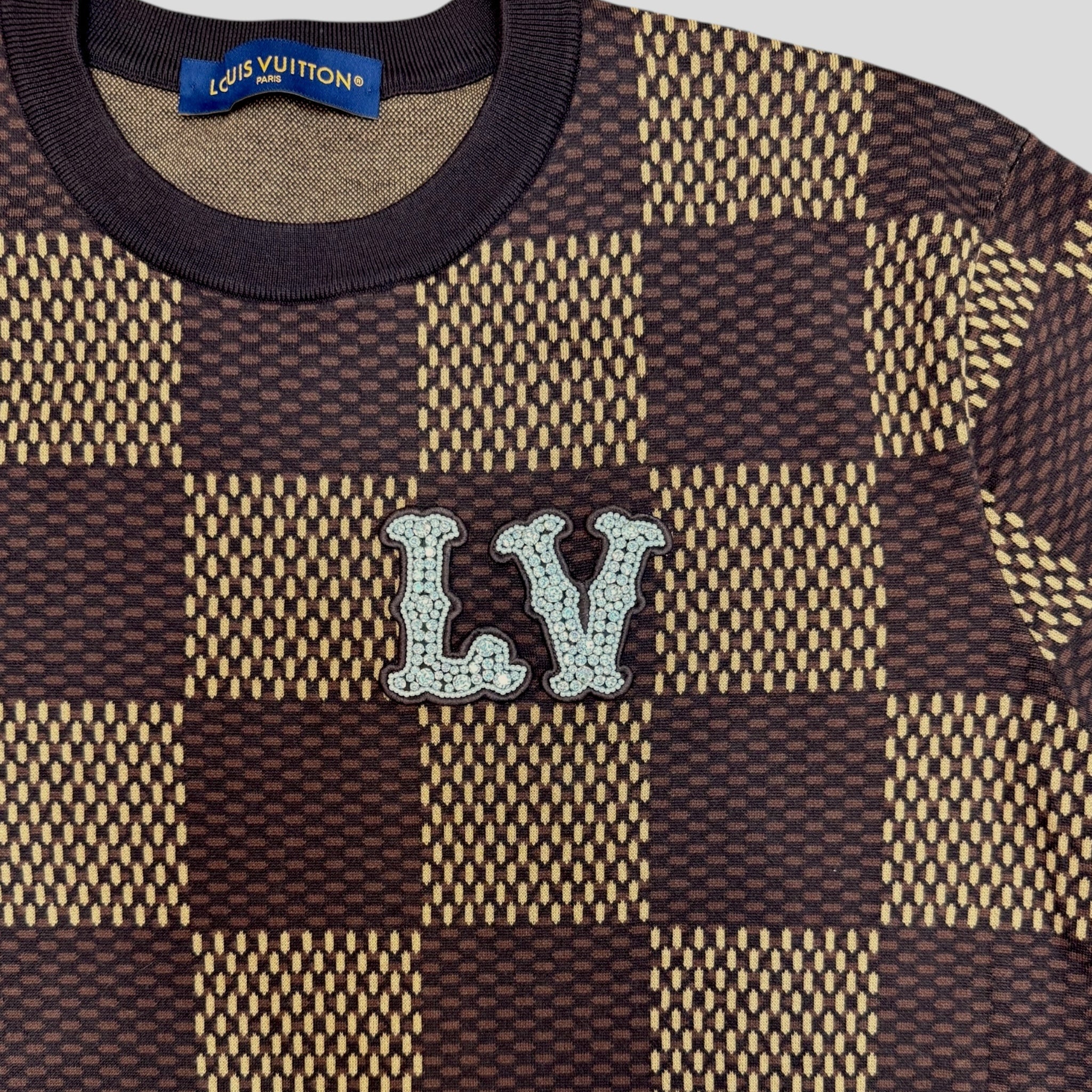 Louis Vuitton Damier Short-Sleeved Crewneck with LV Crystal Patch men's unisex XL