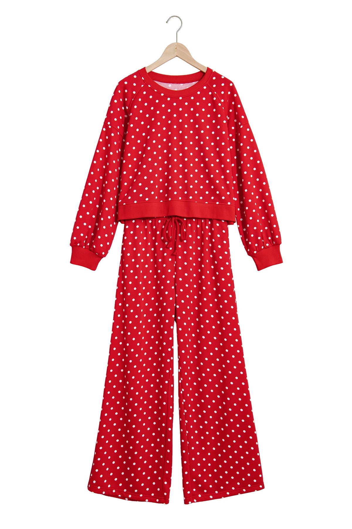 Jane Polka Dot Drawstring Wide Leg Long Sleeve Top Pant Set Outfit