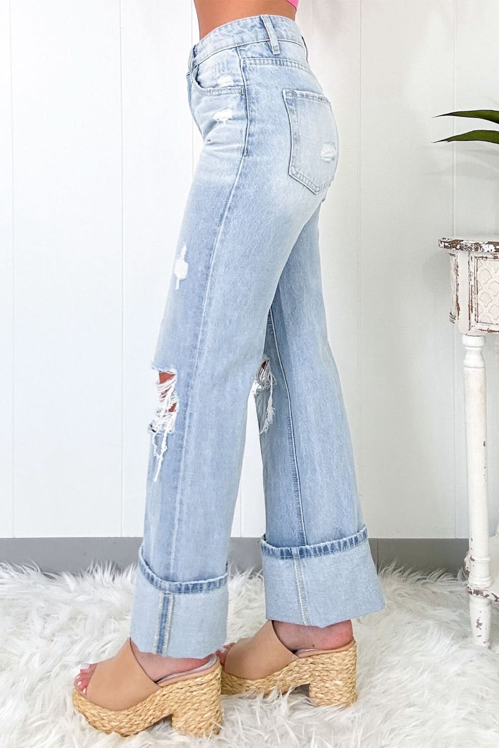 Beau Blue Light Wash Distressed Denim Flare Jeans High Waist