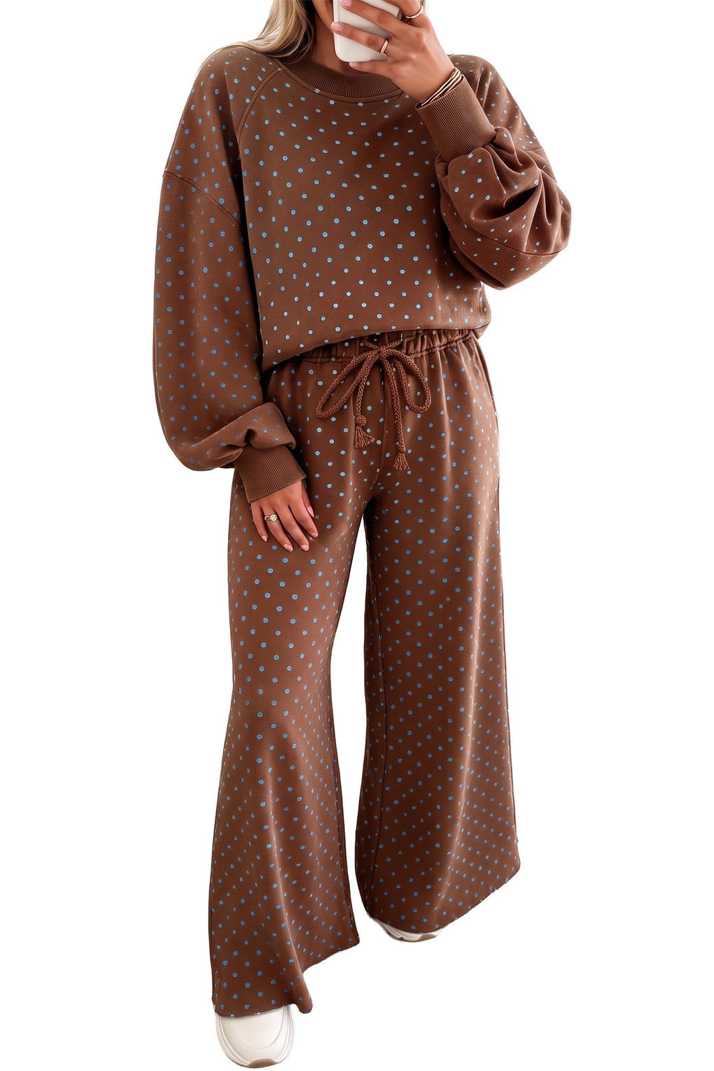 Jane Polka Dot Drawstring Wide Leg Long Sleeve Top Pant Set Outfit