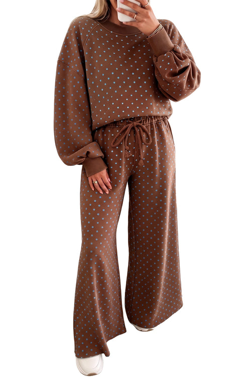 Jane Polka Dot Drawstring Wide Leg Long Sleeve Top Pant Set Outfit
