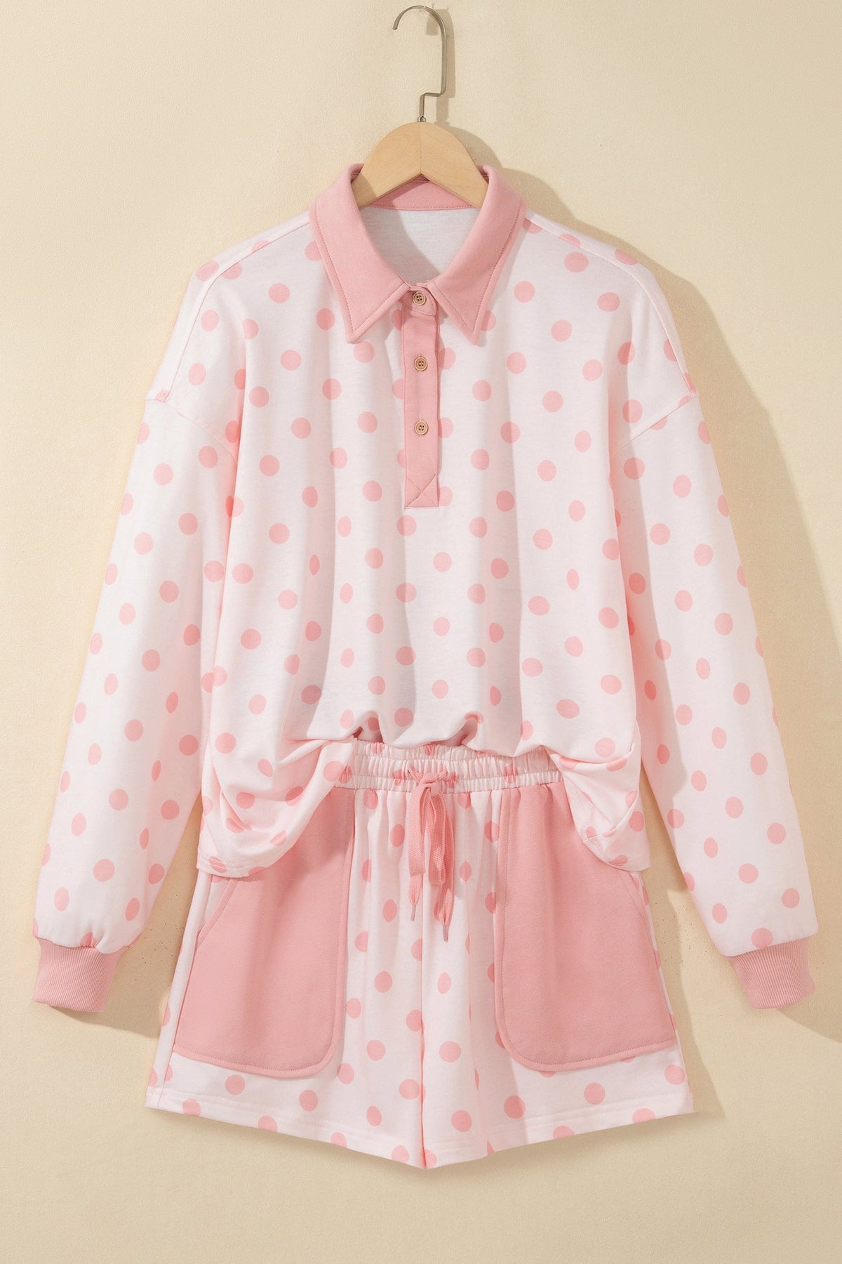 Zoey Pullover Patch Pocket Casual Shorts Set Pink or Khaki Outfit  Indie & Co. Ladies polka dot