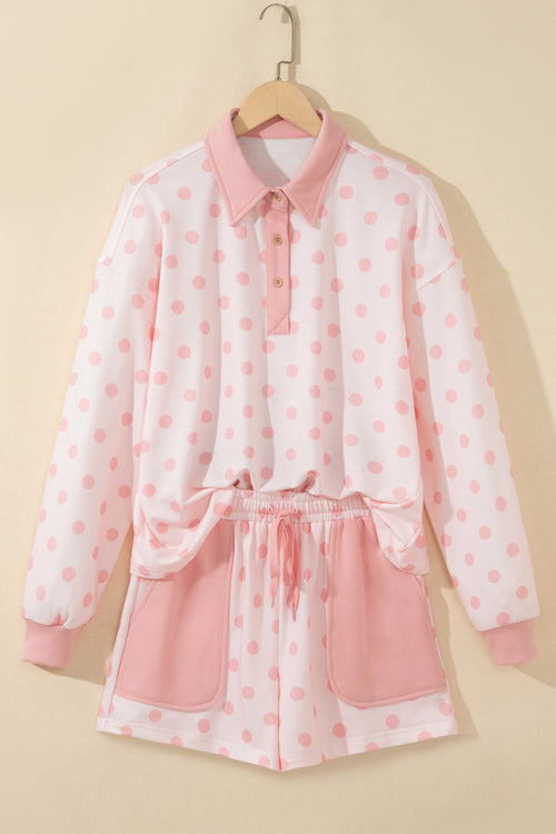 Zoey Pullover Patch Pocket Casual Shorts Set Pink or Khaki Outfit  Indie & Co. Ladies polka dot
