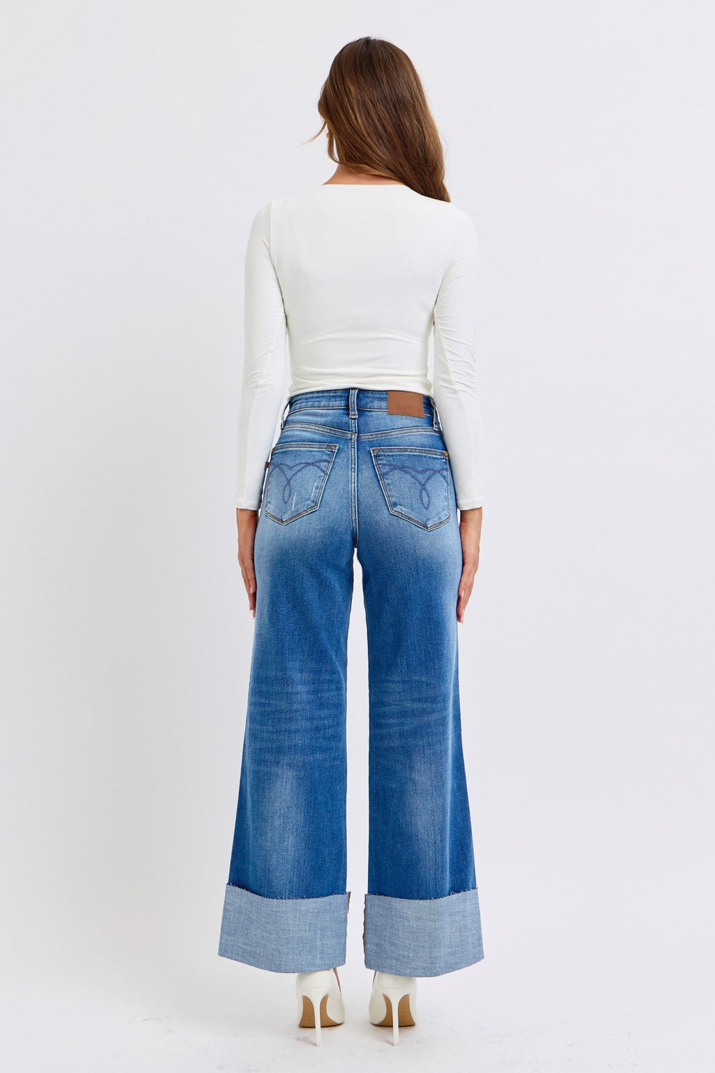 Judy Blue Full Size Distressed High Waist Wide Leg Blue Jeans