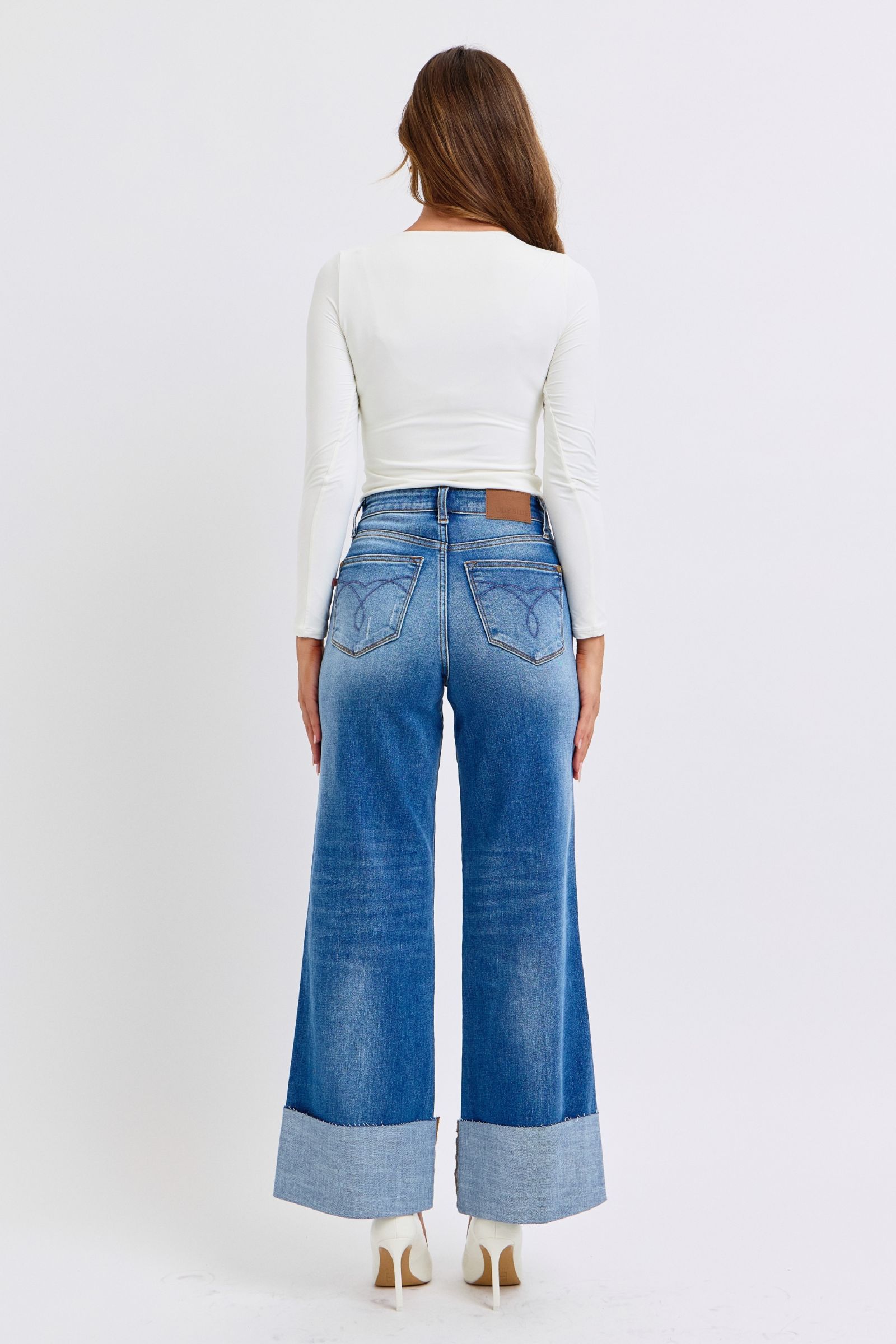 Judy Blue Full Size Distressed High Waist Wide Leg Blue Jeans