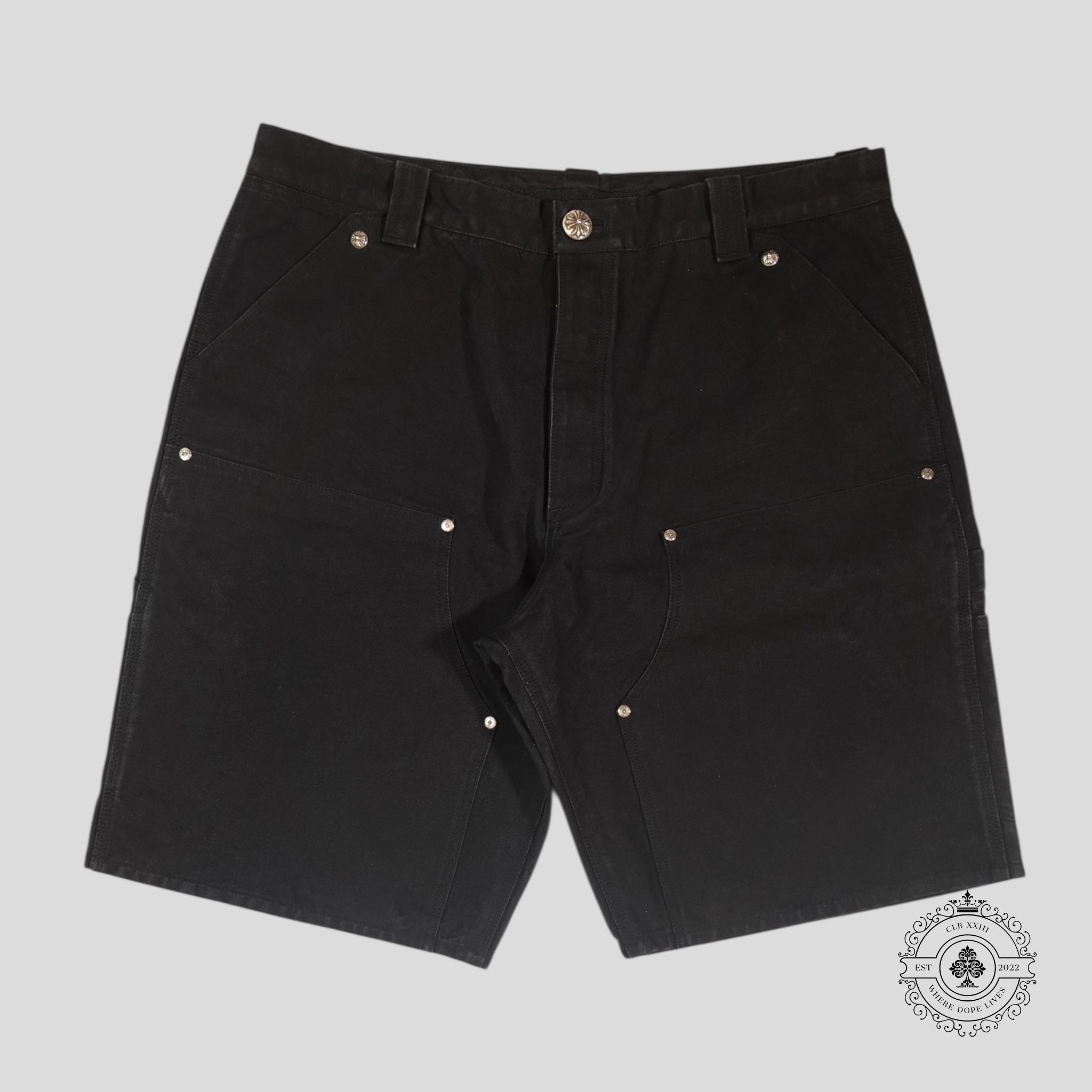 Chrome Hearts 13 Cross Patch Carpenter Shorts in Black cotton & leather 38
