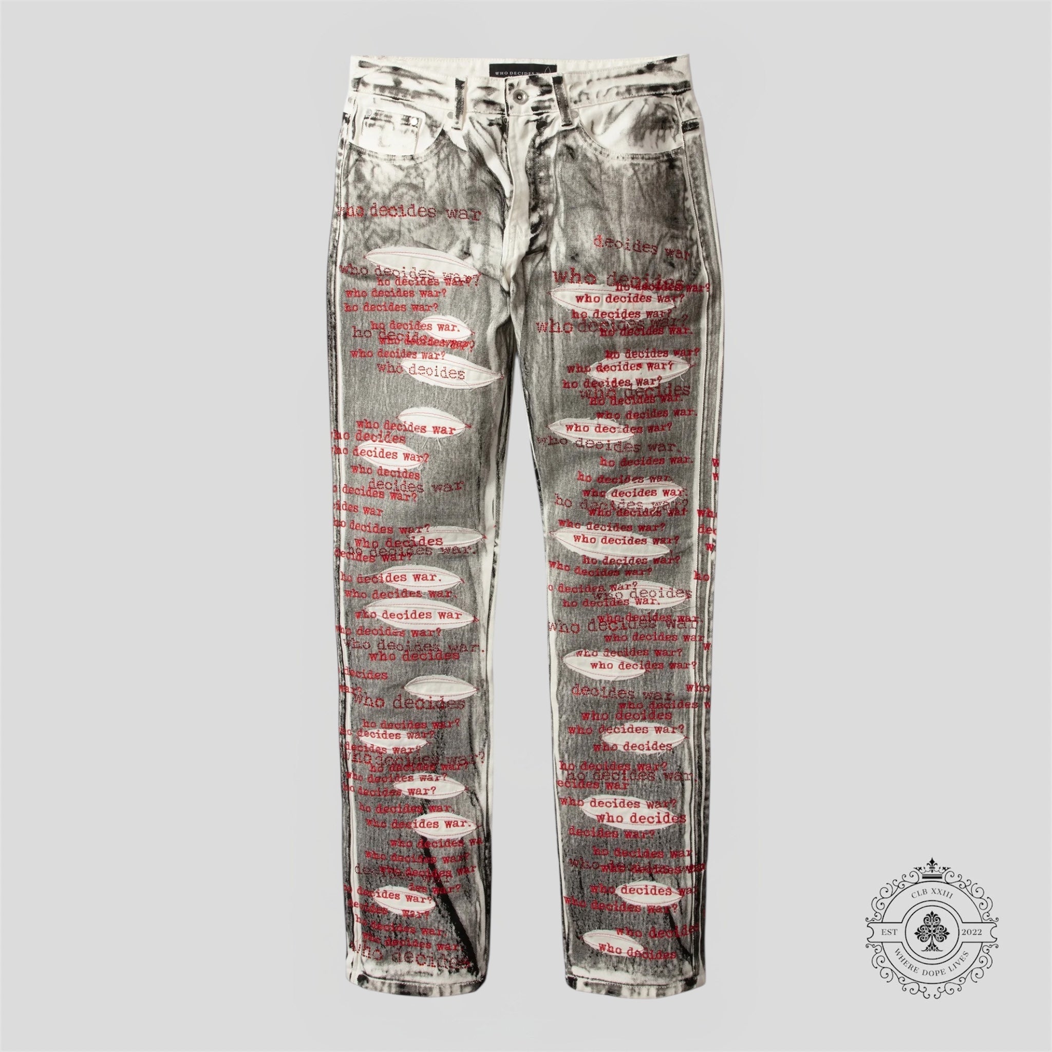 Who Decides War Flocked Scripture Denim Men's Unisex