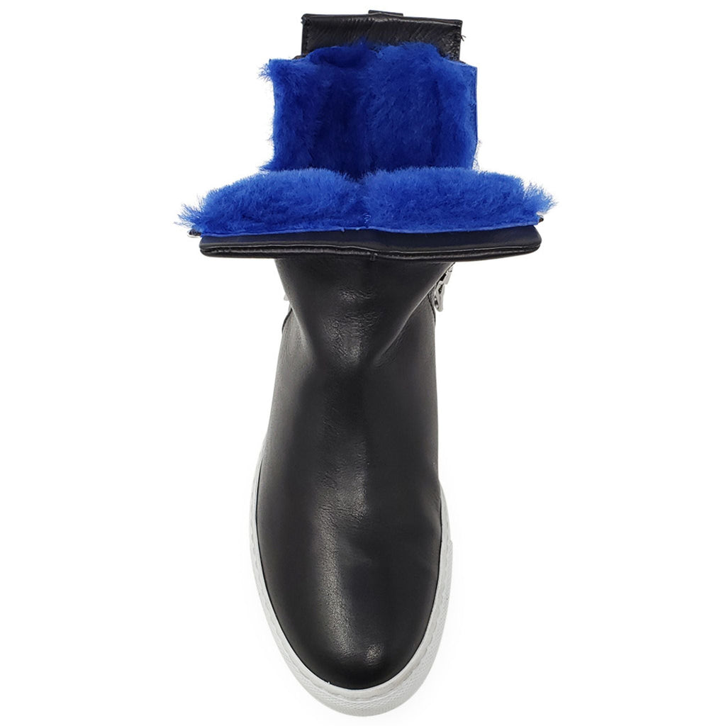 Black Leather Double Zip Shearling lined ankle Boot sneaker booties Madison Maison