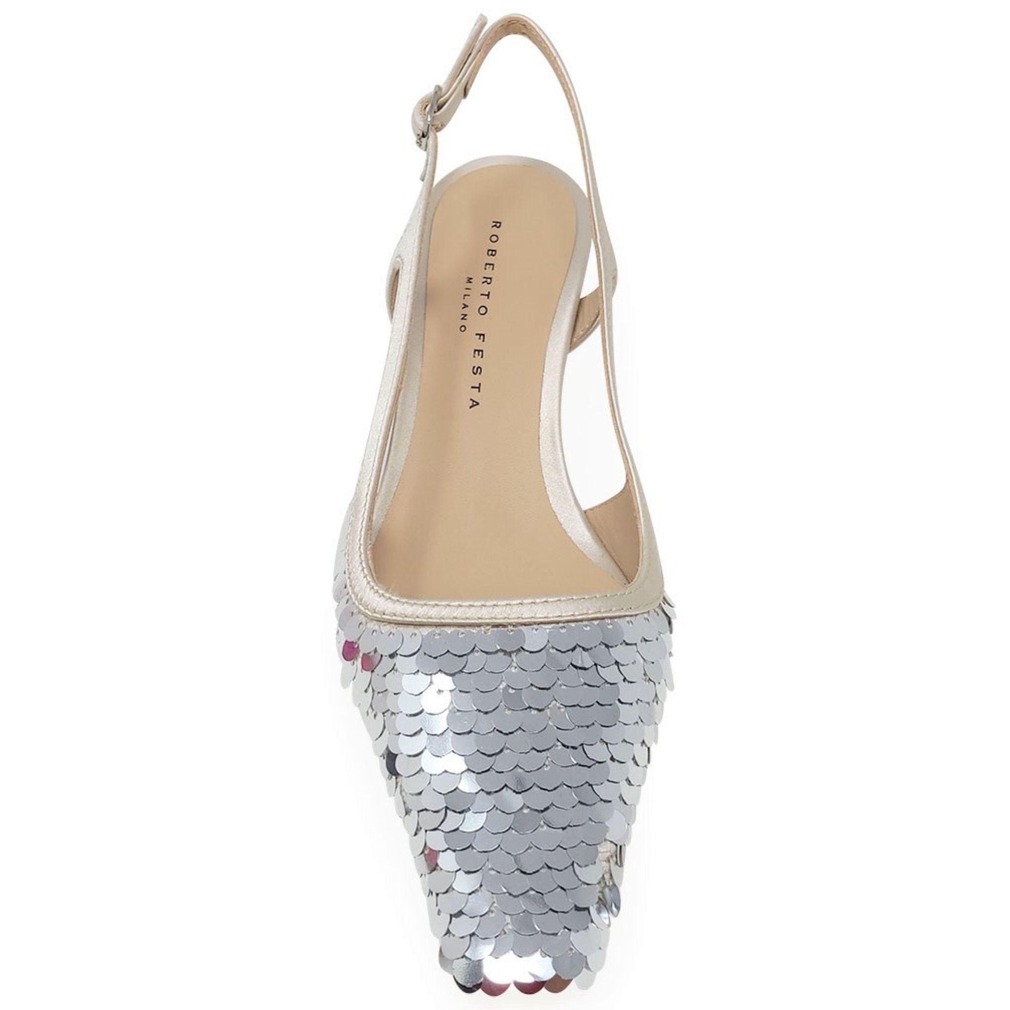 Roberto Festa Silver Sequin Snip Slingback Heel Madison Maison Beverly Hills