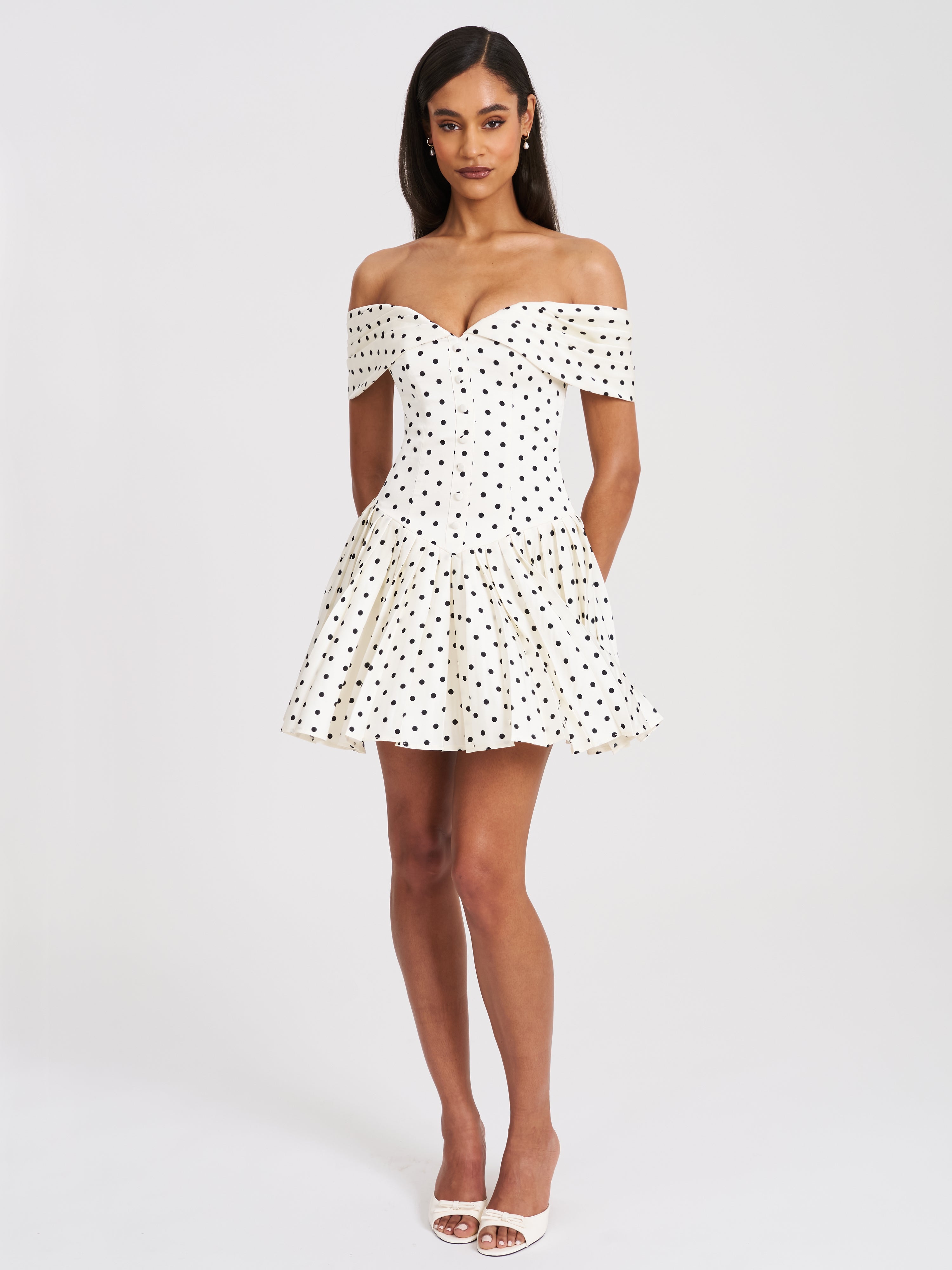 Edeline Polka Dot Off-shoulder Pleated Mini Dress black white