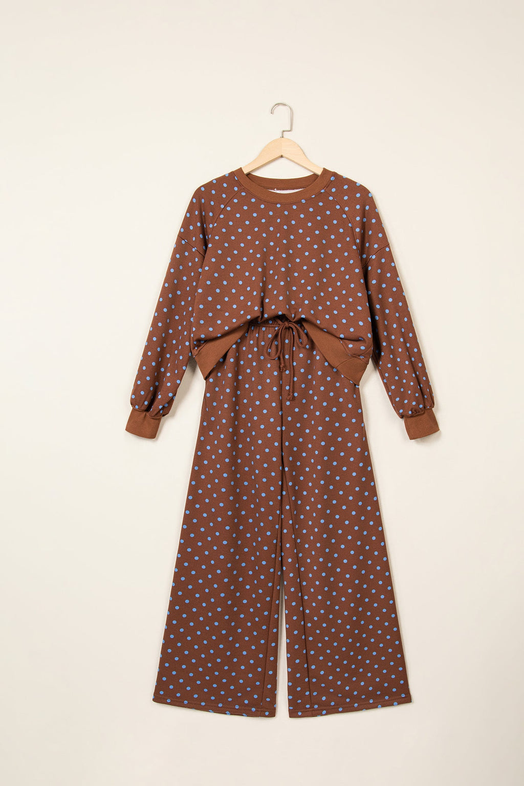 Jane Polka Dot Drawstring Wide Leg Long Sleeve Top Pant Set Outfit
