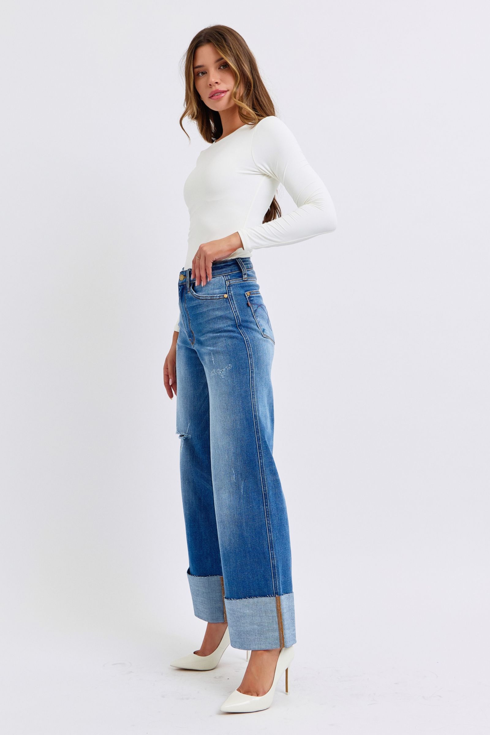 Judy Blue Full Size Distressed High Waist Wide Leg Blue Jeans