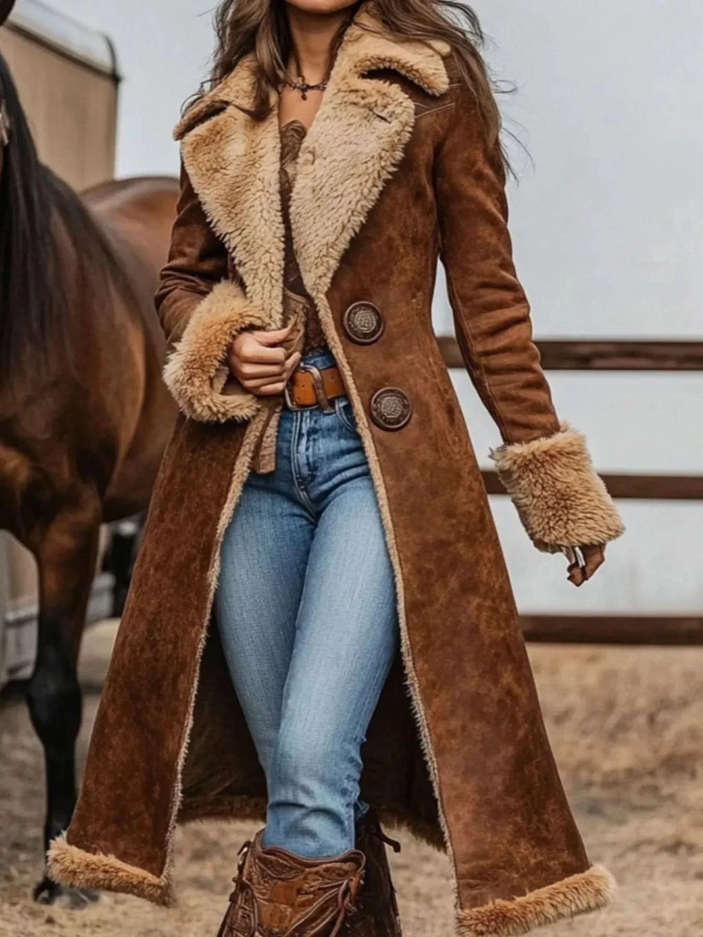 Vintage Faux Fur Trim Longline Coat For Women Regular and Plus