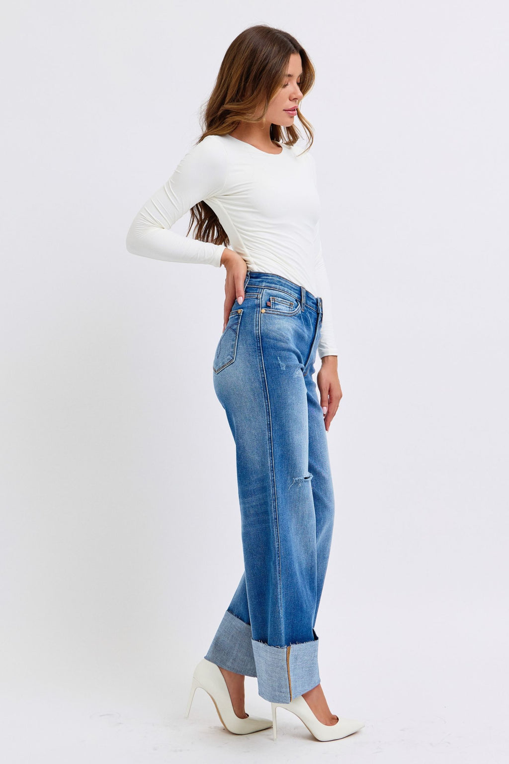 Judy Blue Full Size Distressed High Waist Wide Leg Blue Jeans