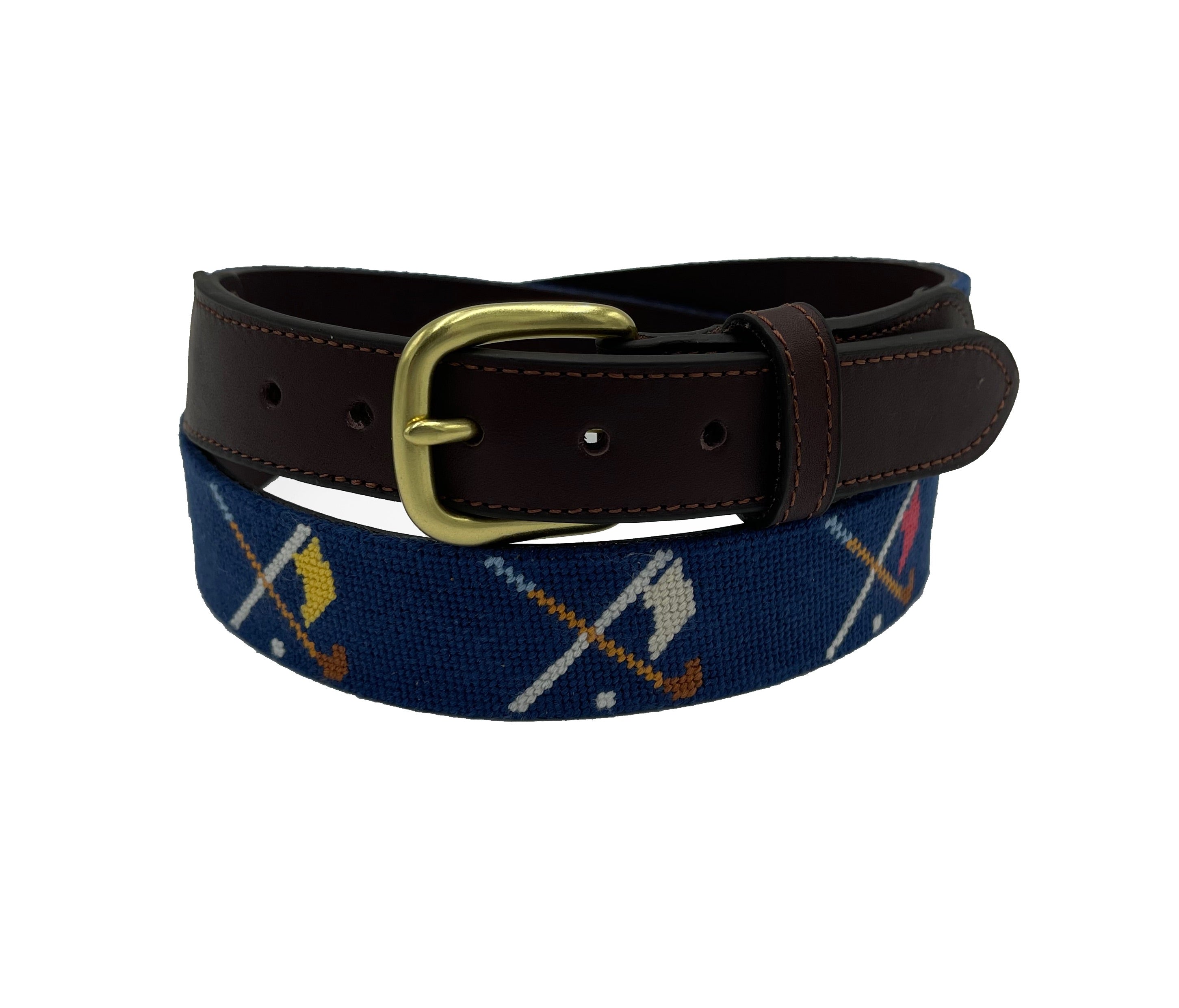 Golf Clubs and Flags Crossed needlepoint men's Belt navy blue