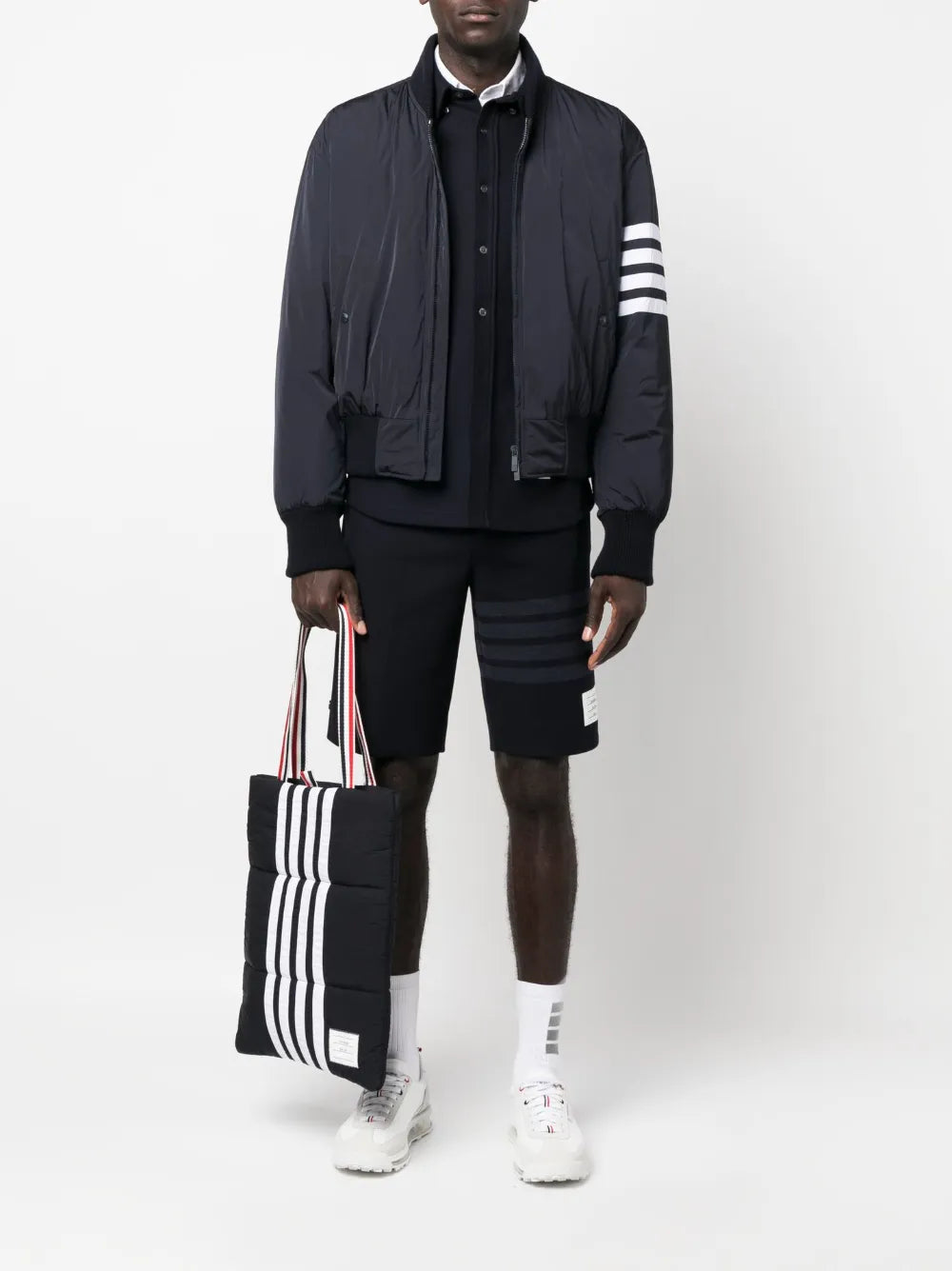 Thom Browne Men's Bomber Jacket With 4-Stripe Detail dark navy