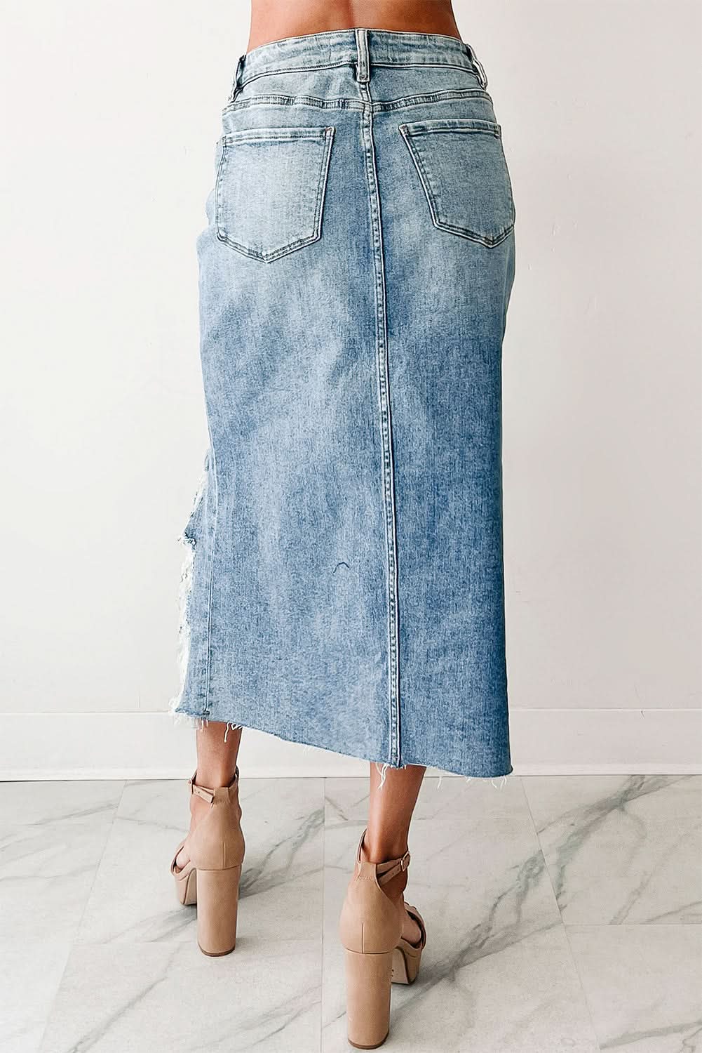 Myosotis Distressed Raw Hem Denim Midi Skirt Irregular Look Boutique