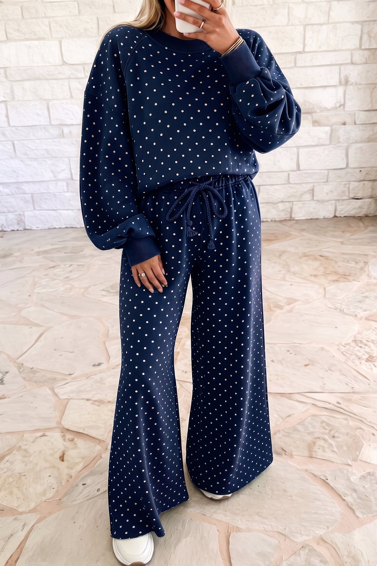 Jane Polka Dot Drawstring Wide Leg Long Sleeve Top Pant Set Outfit